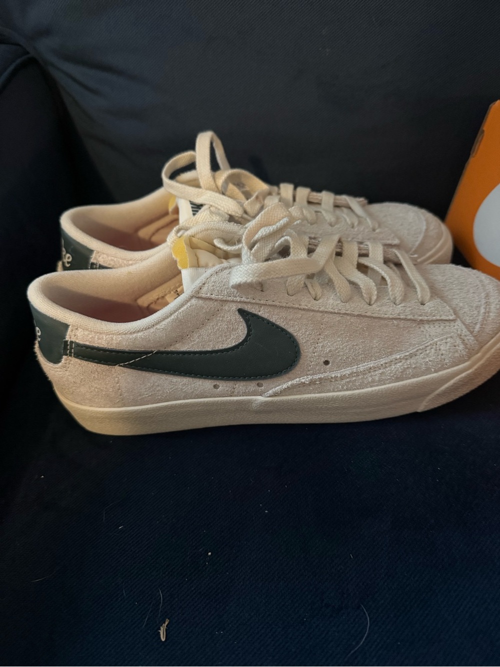 Nike Women’s Suede Low-Top Sneakers in Off-White with Dark Green Swoosh - Picture 6 of 10